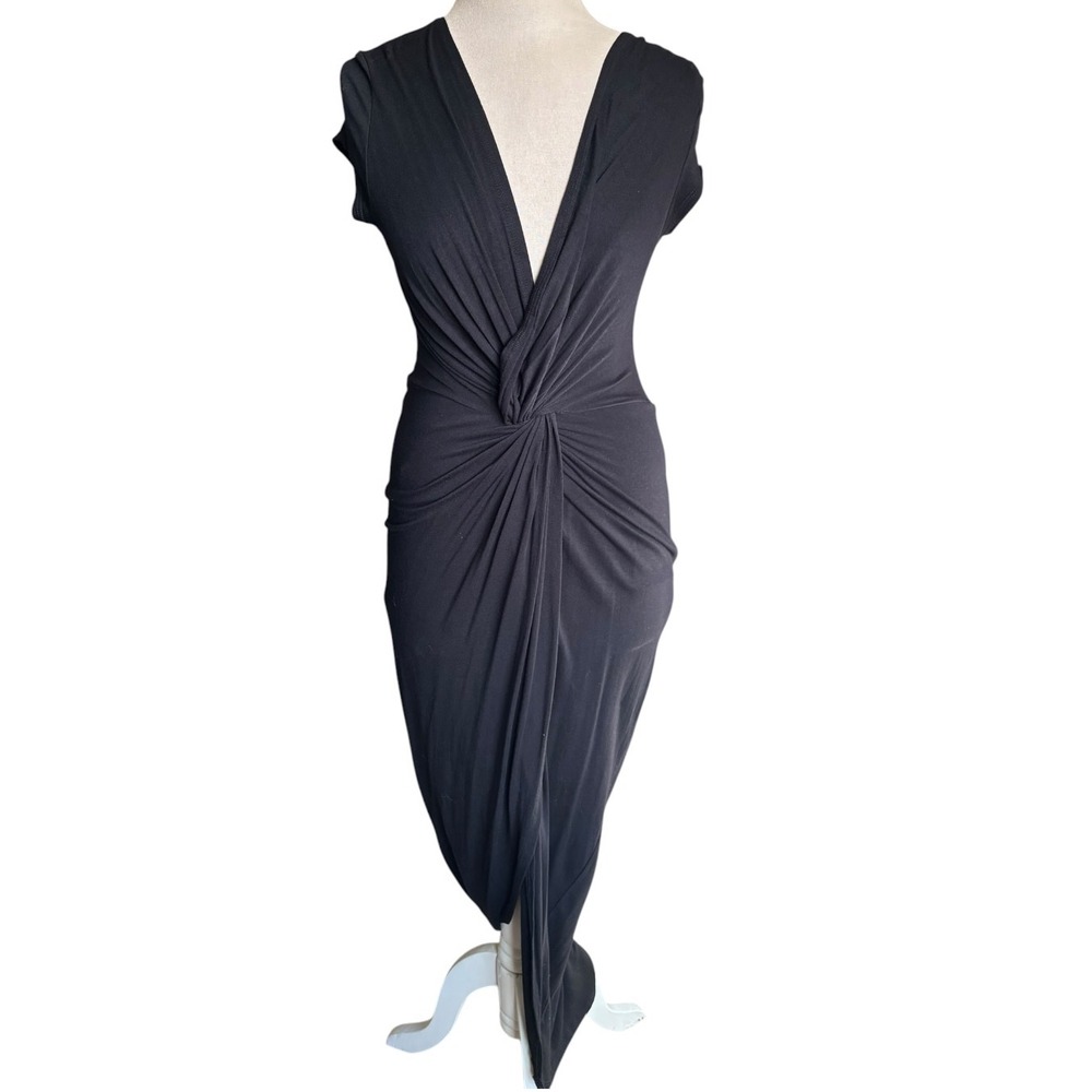 Sabora Maxi Dress Womens M Black Twist Front Deep V Neck Asymmetrical Draped - Picture 2 of 8